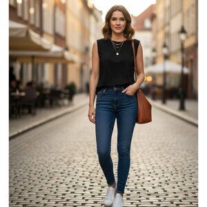 Two Wishes Black Sleeveless Linen Blend Top Womens S